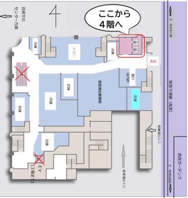プレラにしのみや1階フロア図。ビルの北東角にあるエレベーターで4階へあがる