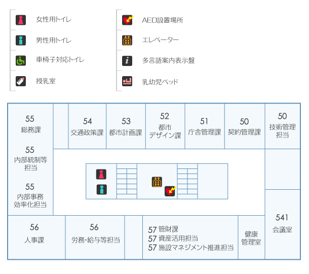 本庁舎5階：女性用トイレ・男性用トイレ・AED設置