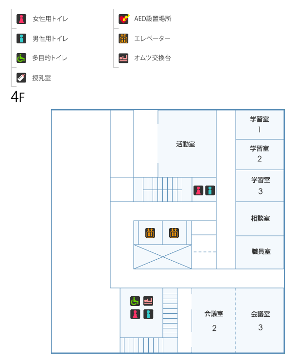 こども未来センター4階：女性用トイレ・男性用トイレ・車椅子対応トイレ・乳幼児用ベッド