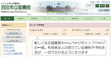 新しくなる図書館ホームページのトップページの一部。利用者本人の借りている資料や予約状況が、一目で分かるようになります 新しくなる図書館ホームページのトップページの一部。利用者本人の借りている資料や予約状況が、一目で分かるようになります