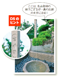 写真:D5のヒント「ここは、名水発祥の地でござるが・・・奥の石碑の文字に注目!」 写真:D5のヒント「ここは、名水発祥の地でござるが・・・奥の石碑の文字に注目!」