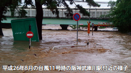 写真:平成26年8月の台風11号時の阪神武庫川駅付近の様子 写真:平成26年8月の台風11号時の阪神武庫川駅付近の様子