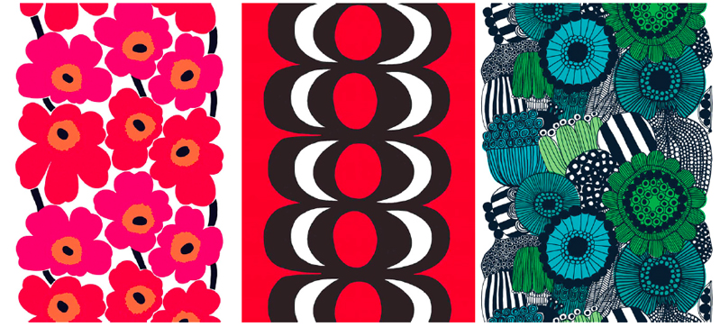 写真:左:ファブリック ≪ウニッコ≫(ケシの花)、図案デザイン:マイヤ・イソラ、1964年 Unikko pattern designed for Marimekko by Maija Isola in 1964、中:ファブリック≪カイヴォ≫(泉)、図案デザイン:マイヤ・イソラ、1964年 Kaivo pattern designed for Marimekko by Maija Isola in 1964、右:ファブリック≪シィールトラプータルハ≫(市民菜園)、図案デザイン:マイヤ・ロウエカリ、2009年 Siirtolapuutarha pattern designed for Marimekko by Maija Louekari in 2009 写真:左:ファブリック ≪ウニッコ≫(ケシの花)、図案デザイン:マイヤ・イソラ、1964年 Unikko pattern designed for Marimekko by Maija Isola in 1964、中:ファブリック≪カイヴォ≫(泉)、図案デザイン:マイヤ・イソラ、1964年 Kaivo pattern designed for Marimekko by Maija Isola in 1964、右:ファブリック≪シィールトラプータルハ≫(市民菜園)、図案デザイン:マイヤ・ロウエカリ、2009年 Siirtolapuutarha pattern designed for Marimekko by Maija Louekari in 2009