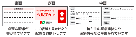 イラスト:裏面には必要な配慮が書かれています・表面のこの表紙を見かけたら配慮をお願いします・中面には持ち主の緊急連絡先や医療情報などが書かれています イラスト:裏面には必要な配慮が書かれています・表面のこの表紙を見かけたら配慮をお願いします・中面には持ち主の緊急連絡先や医療情報などが書かれています