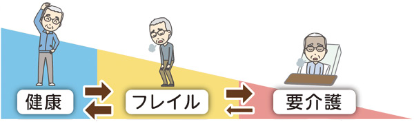 イラスト：フレイル状態のイメージ。健康と要介護の中間の状態。