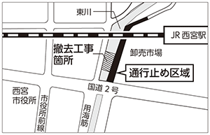 地図:東川上地方卸売市場臨時搬入路撤去工事箇所 地図:東川上地方卸売市場臨時搬入路撤去工事箇所