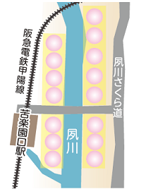 地図:阪急電車「苦楽園口」駅周辺の夙川両岸 地図:阪急電車「苦楽園口」駅周辺の夙川両岸