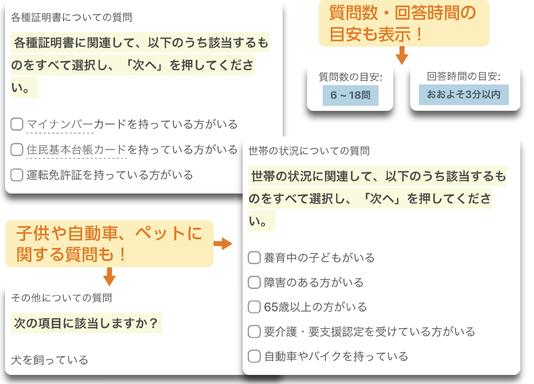 質問数・回答時間の目安も表示!子供や自動車、ペットに関する質問も!