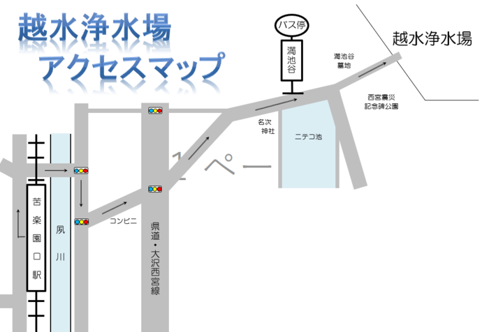 越水浄水場へは、阪神バス満池谷バス停から徒歩約2分、阪急甲陽線苦楽園口駅から徒歩約10分かかります。越水浄水場に駐車場はありませんので、自動車などでのご来場はお控えください。